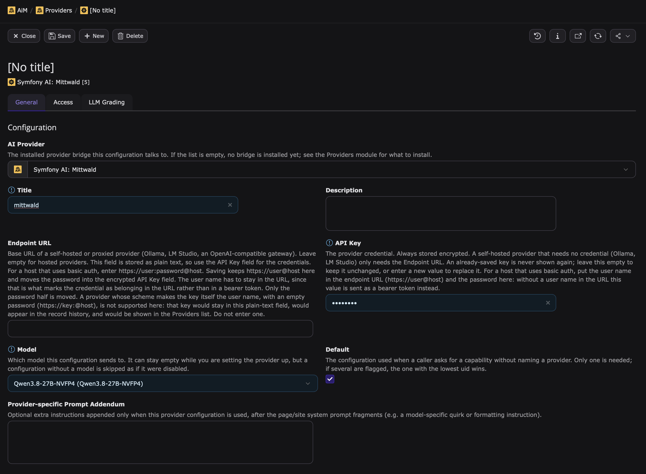 The AiM form for a new provider configuration, with "Symfony AI: Mittwald" selected as AI provider