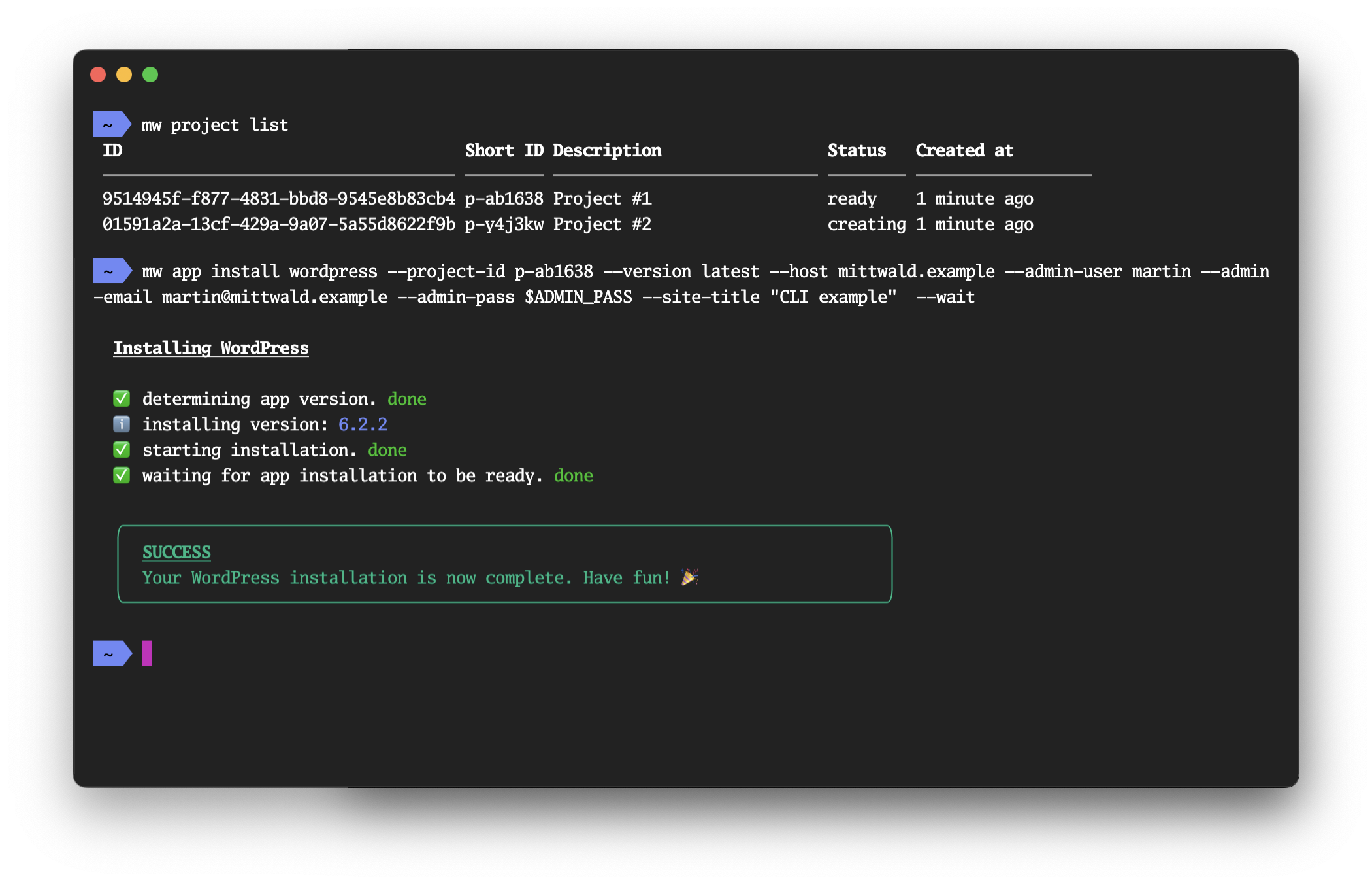 An example usage of the mittwald CLI. The screenshot shows how to list projects and how to install a new Wordpress instance using the CLI.