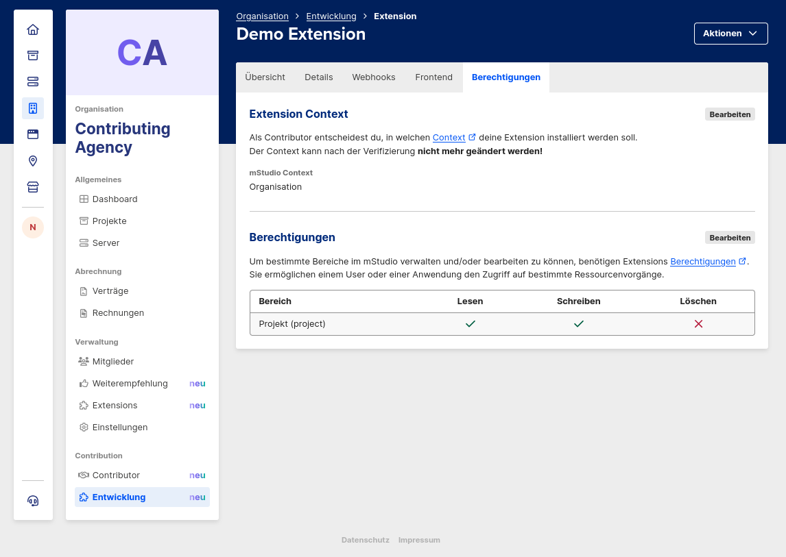 Extension permissions section