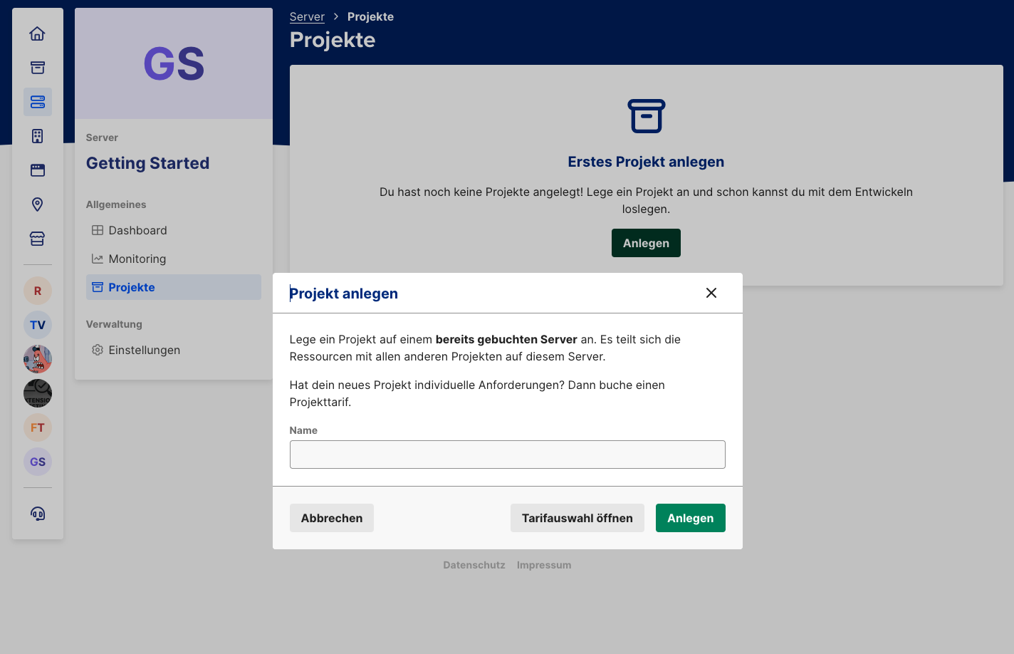 Projekt im Server erstellen